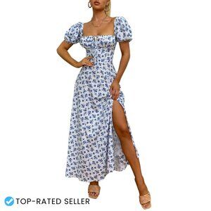 Puff Sleeve Floral Maxi Dress Backless High Slit Elegant Summer Beach